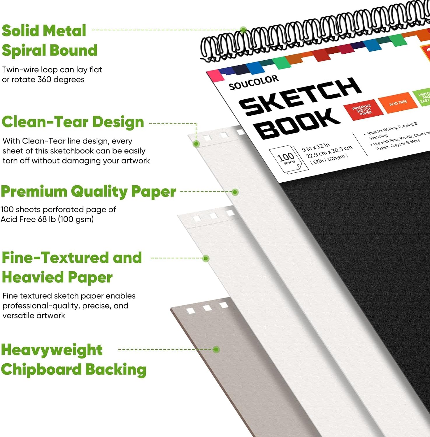 Soucolor Sketch Book 9 x 12. 100 Sheets Kids Art Sketchbook Drawing Pad | 68lb Acid-Free. Fine-Texture Paper. Top Spiral for Lay-Flat. Gift for Teens Girls Boys Beginners Adults. Art School Supplies - Image 7
