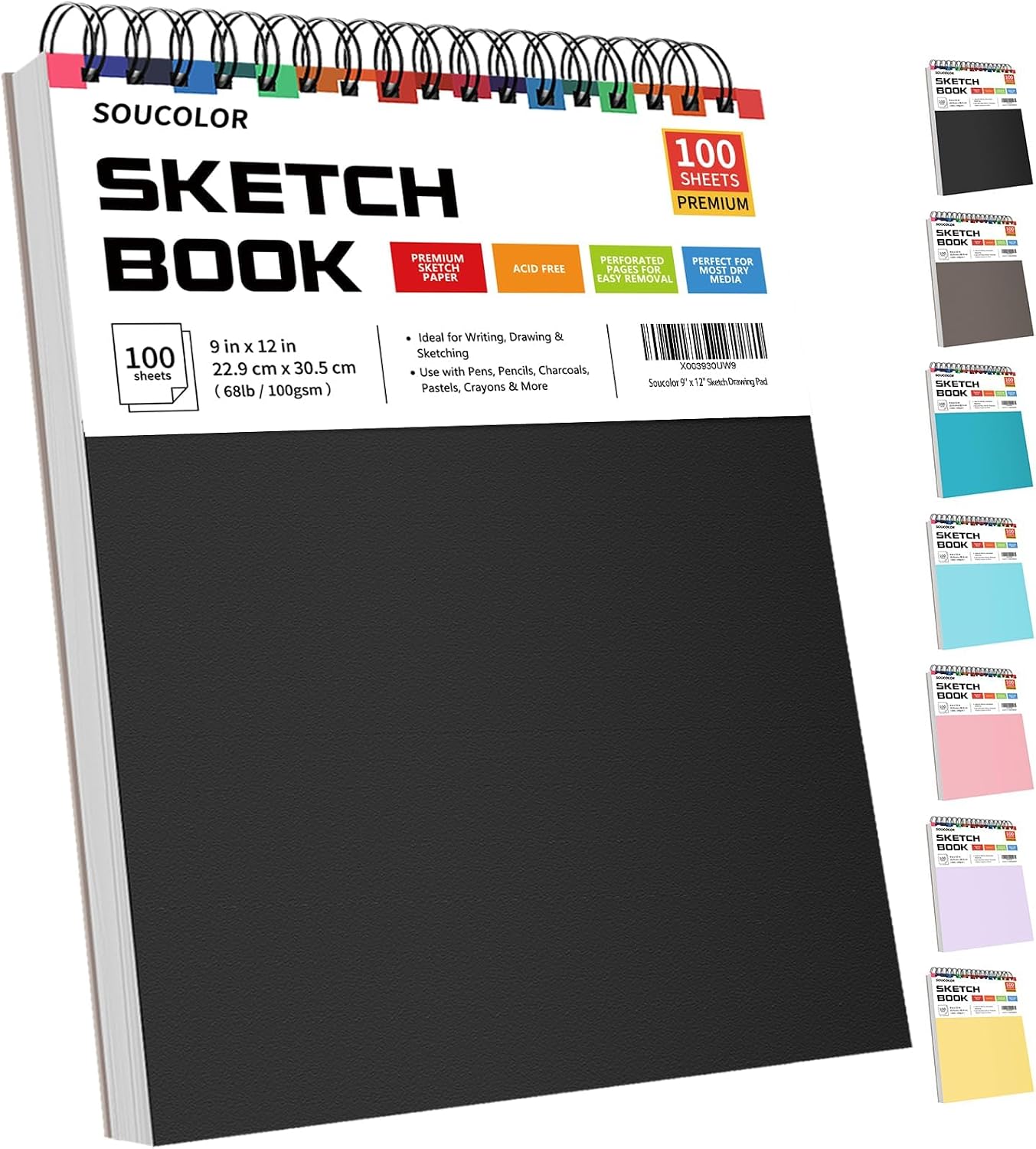 Soucolor Sketch Book 9 x 12. 100 Sheets Kids Art Sketchbook Drawing Pad | 68lb Acid-Free. Fine-Texture Paper. Top Spiral for Lay-Flat. Gift for Teens Girls Boys Beginners Adults. Art School Supplies