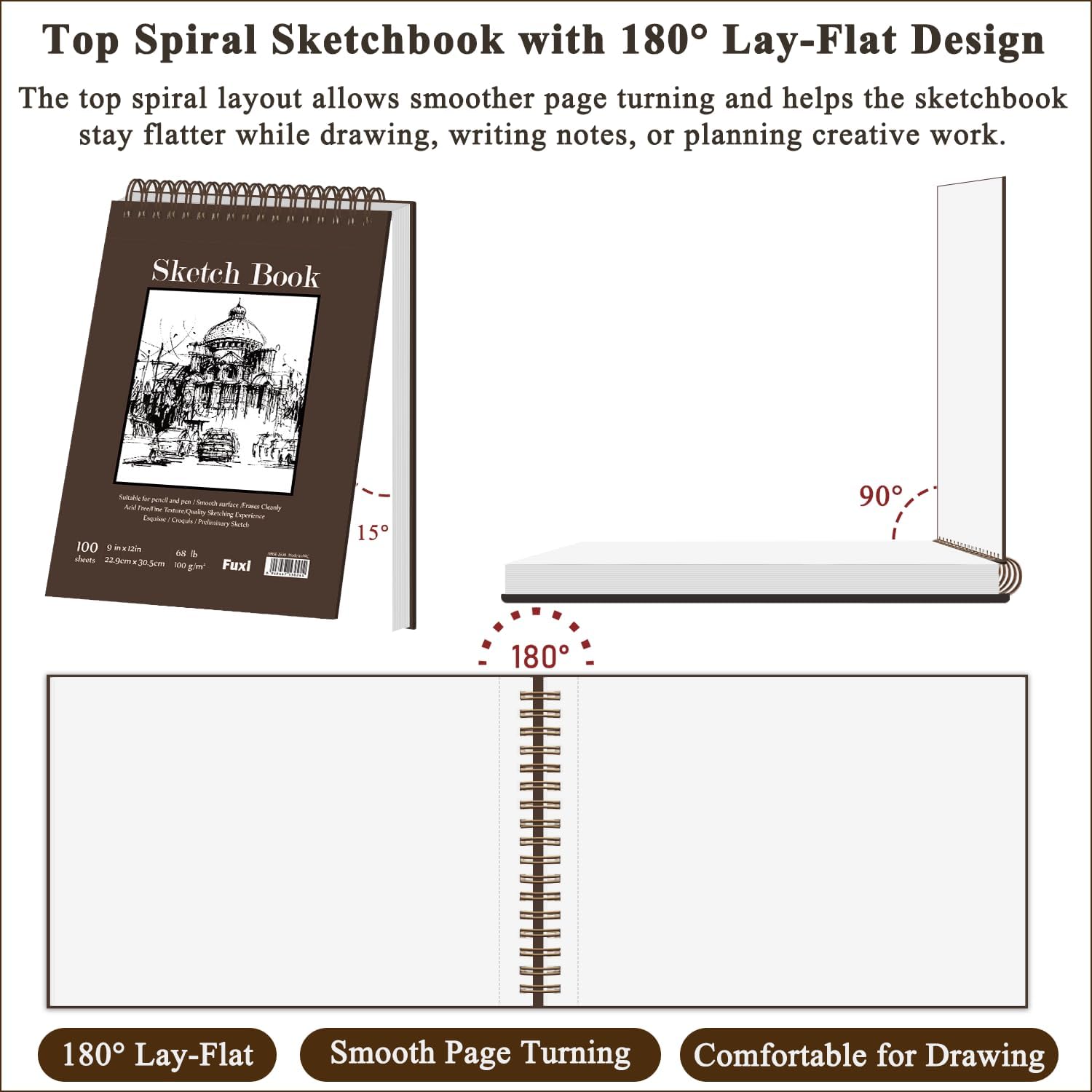 Fuxi 9 x 12 Sketch Book_Top Spiral Bound Sketchbook_100Sheets 68lb/100gsm | Art Sketch Pads for Drawing. Acid-Free Drawing Paper Pad for Kids. Students. Artists & Beginners. Art Supplies for Adults - Image 3