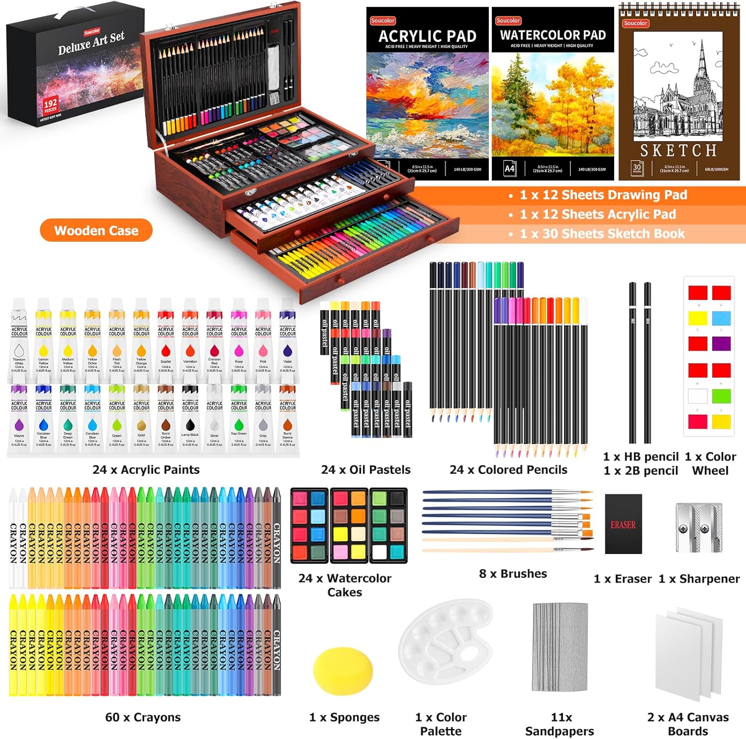 Soucolor Art Supplies.192 Pack Deluxe Art Set Drawing Painting Supplies Kit | Acrylic Pad. Watercolor Pad. Sketch Book. Canvases. Acrylic Paint. Crayons. Pencils. Gifts for Artist Adults Teen Kids - Image 2