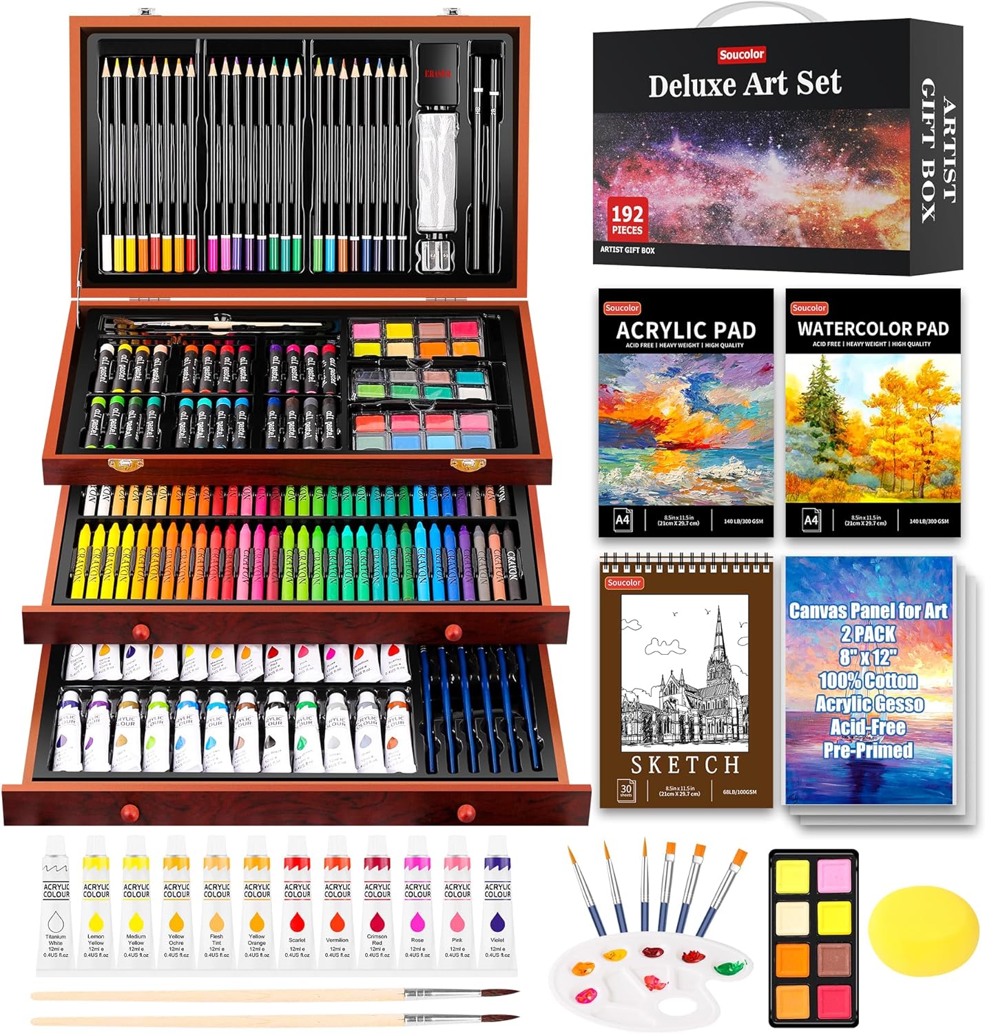 Soucolor Art Supplies.192 Pack Deluxe Art Set Drawing Painting Supplies Kit | Acrylic Pad. Watercolor Pad. Sketch Book. Canvases. Acrylic Paint. Crayons. Pencils. Gifts for Artist Adults Teen Kids