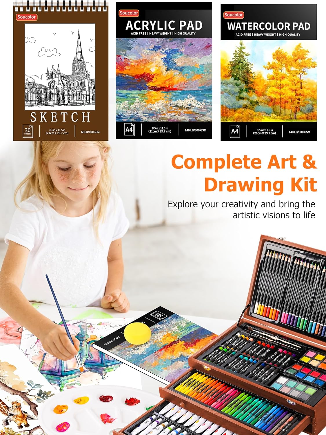 Soucolor Art Supplies.192 Pack Deluxe Art Set Drawing Painting Supplies Kit | Acrylic Pad. Watercolor Pad. Sketch Book. Canvases. Acrylic Paint. Crayons. Pencils. Gifts for Artist Adults Teen Kids - Image 4